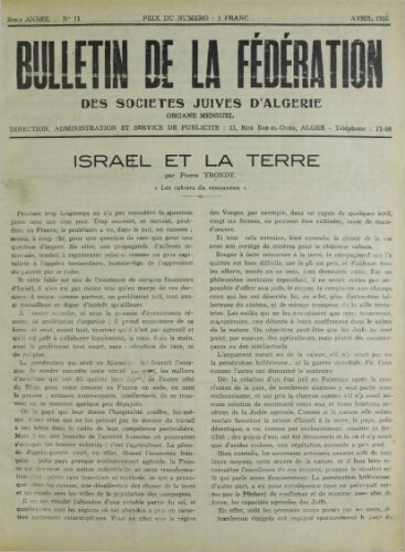 Bulletin de la Fédération des sociétés juives d’Algérie  V°02 N°11 (01/04/1935)